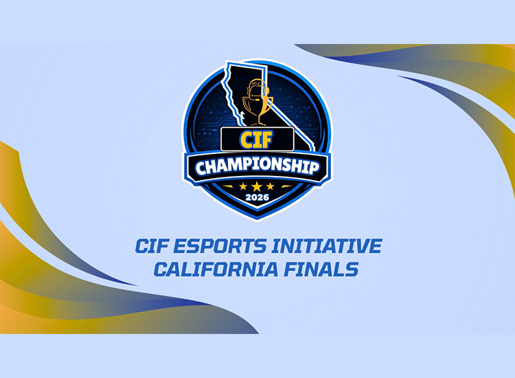 Graphic for the 2026 CIF Championship featuring a blue-and-gold shield logo with a trophy and the outline of California at center. Below the logo, bold blue text reads: “CIF Esports Initiative California Finals.”